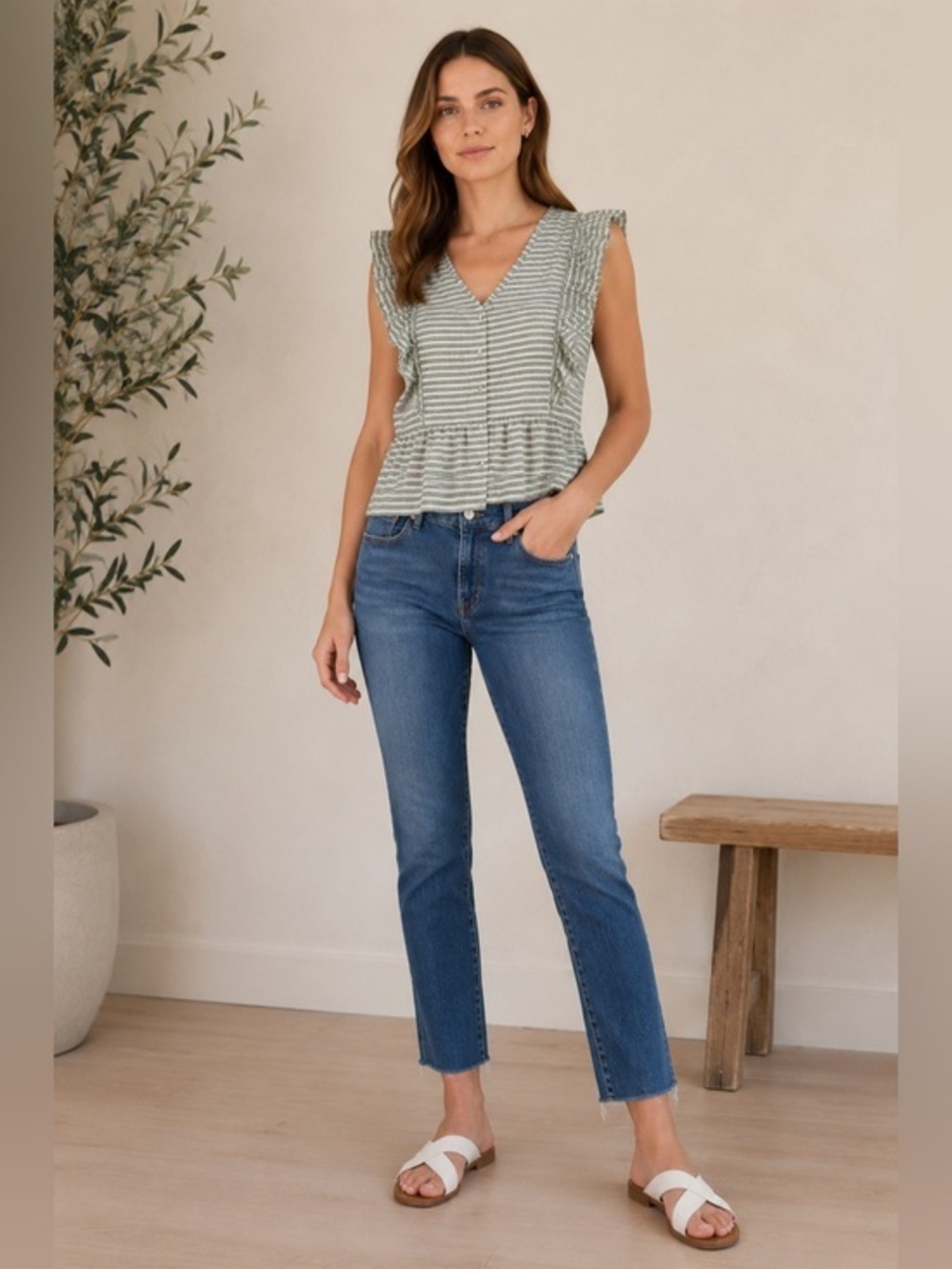 Andre by Unit Prairie Cottagecore Striped Womems Button Down Blouse Top L
